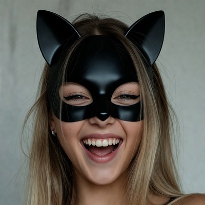 Woman smiling in black cat mask