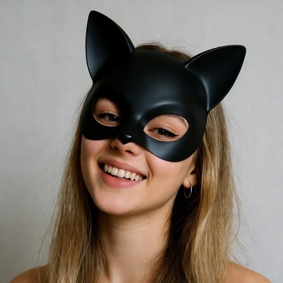 Woman smiling in black cat mask