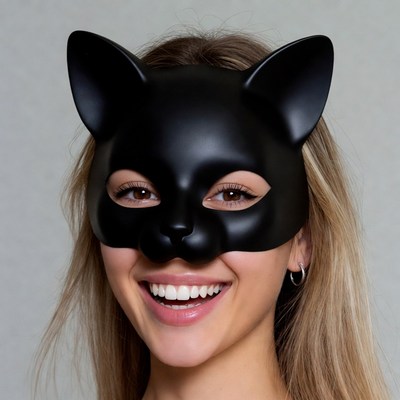 Woman smiling in black cat mask