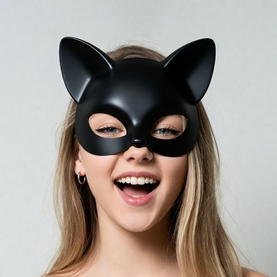Woman smiling in black cat mask