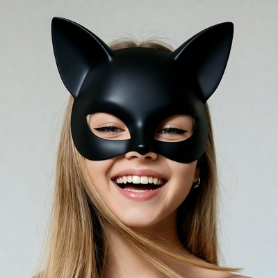 Woman smiling in black cat mask