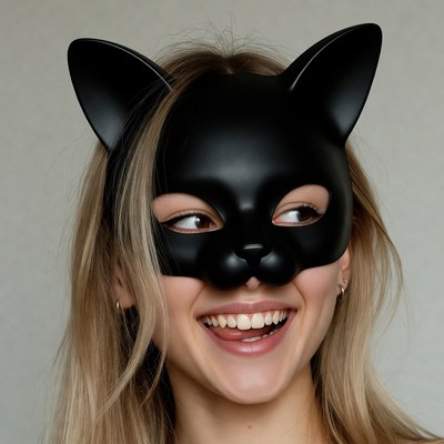 Woman smiling in black cat mask