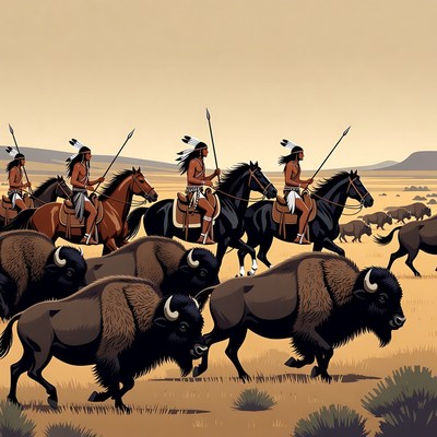 Native American warriors hunting buffalo