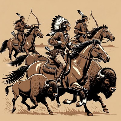 Indigenous warriors hunting bison on horseback