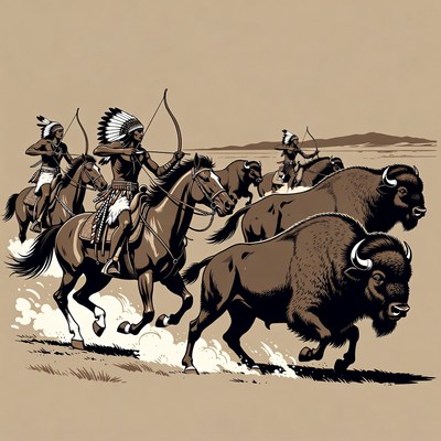 Native American warriors hunting bison on horseback
