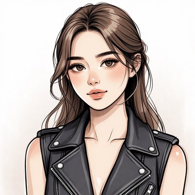 Asian woman in black leather vest