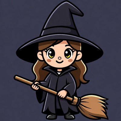 Cute cartoon witch girl with broom