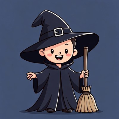 Cute boy wizard with broom