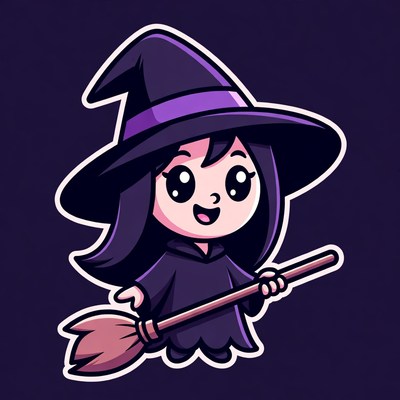 Cute cartoon witch girl with broom