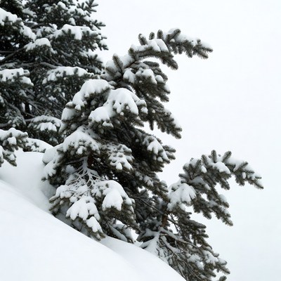 Snow-covered pine tree on snowy slope