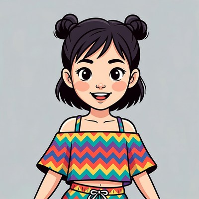 Asian girl with pigtails in rainbow top