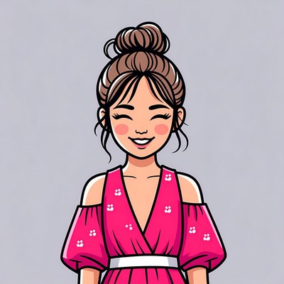 Smiling Asian woman in pink off-shoulder dress