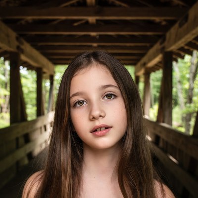 Girl standing in wooden covered bridge