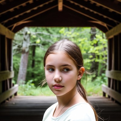 Girl standing in wooden footbridge