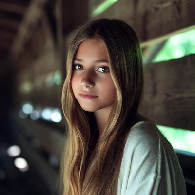Girl in wooden barn with long hair