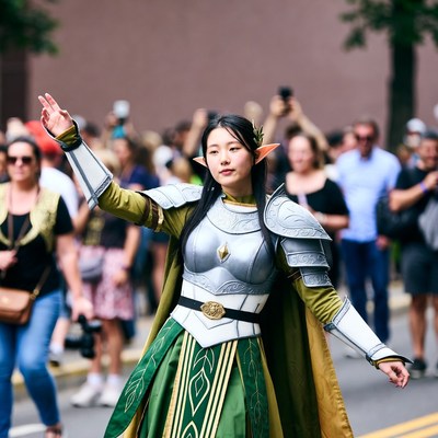 Asian woman in elf cosplay waving