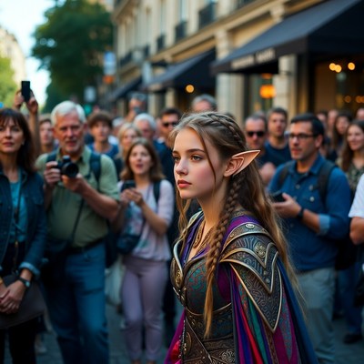Elf girl in purple cosplay on Paris street