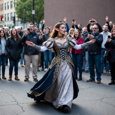 Elf woman cosplay performer on city street