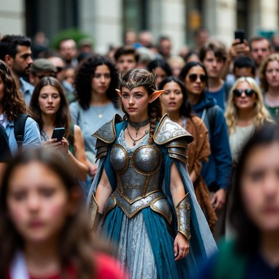 Elf woman in armor amid city crowd