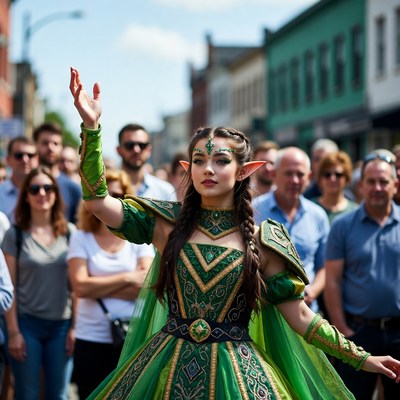 Elf woman dancing in green costume