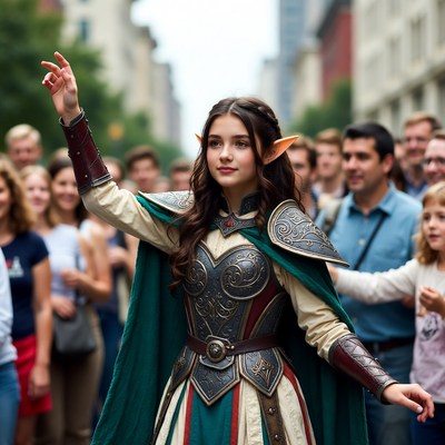 Elf woman cosplay in city street crowd