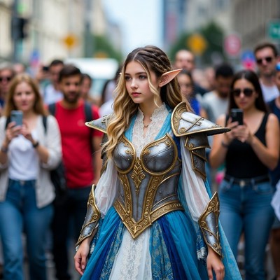 Elf woman in cosplay at street parade