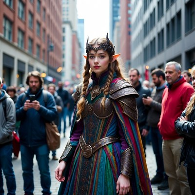 Elf woman in cosplay on city street