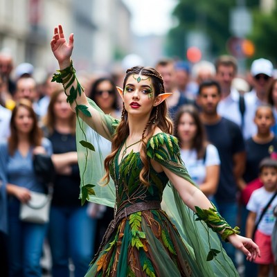 Elf woman in green leaf dress at parade