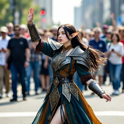 Elf woman cosplay waving at parade