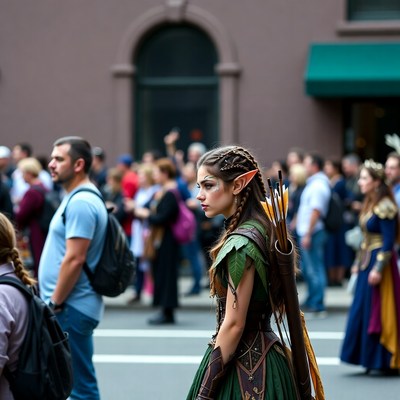Elf woman with bow in crowd