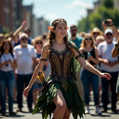 Elf woman in green costume at parade