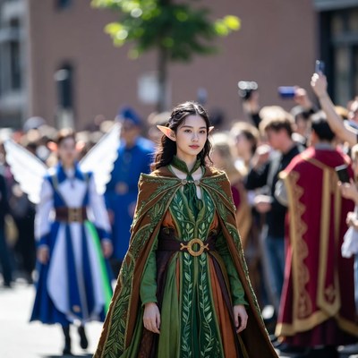 Asian elf woman in green fantasy costume