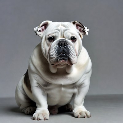 White Bulldog sitting on gray background