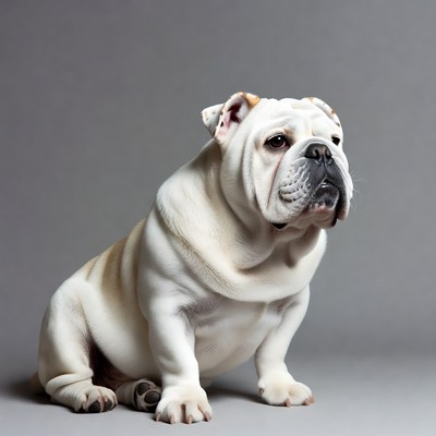 White Bulldog Sitting on Gray Background