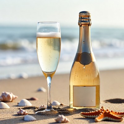 Champagne Glass and Bottle on Beach