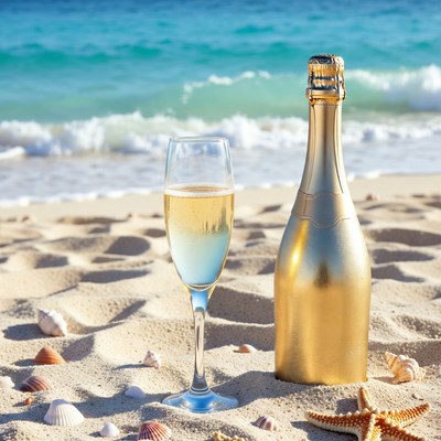 Gold Champagne Bottle and Flute on Beach