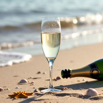 Champagne glass and bottle on beach
