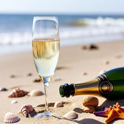 Champagne Glass and Bottle on Beach