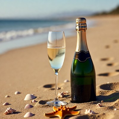 Champagne Glass and Bottle on Beach