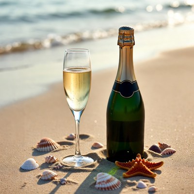 Champagne Glass and Bottle on Beach