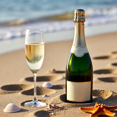 Champagne Glass and Bottle on Beach