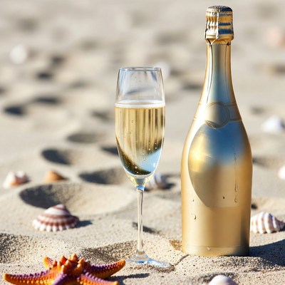 Champagne Bottle and Glass on Beach