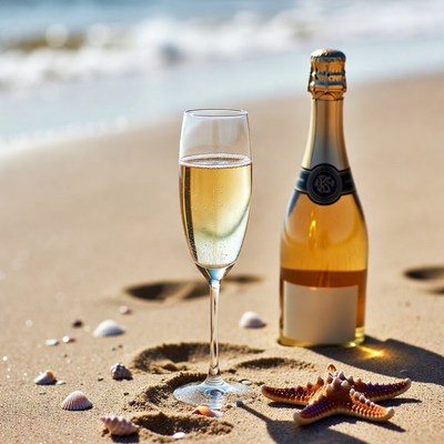 Champagne Glass and Bottle on Beach