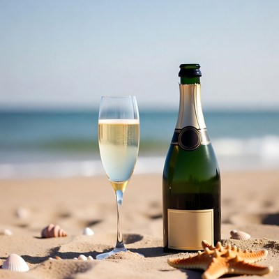 Champagne Glass and Bottle on Beach