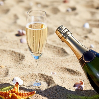 Champagne Glass and Bottle on Beach