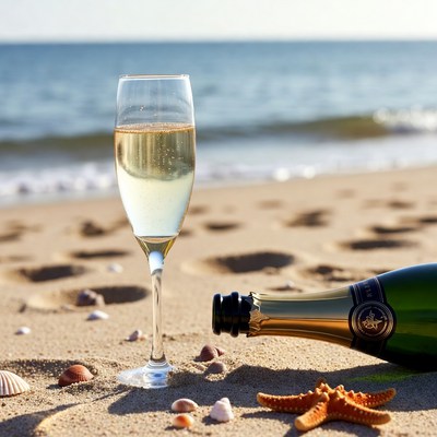 Champagne glass and bottle on beach
