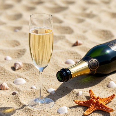 Champagne Glass and Bottle on Beach