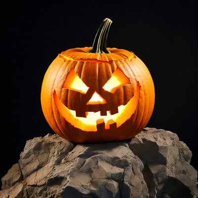 Lit Jack-o'-lantern on Rocks
