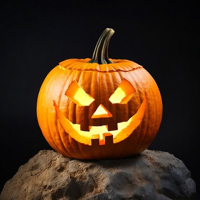 Lit Jack-o-Lantern on Rock