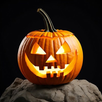 Lit Jack-o-Lantern on Rock